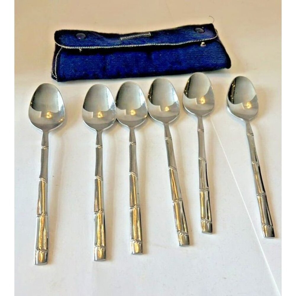 PRESENT Japan‎ Stainless BORNES Line 6 Teaspoons Dotted Bamboo Handle 6.5"